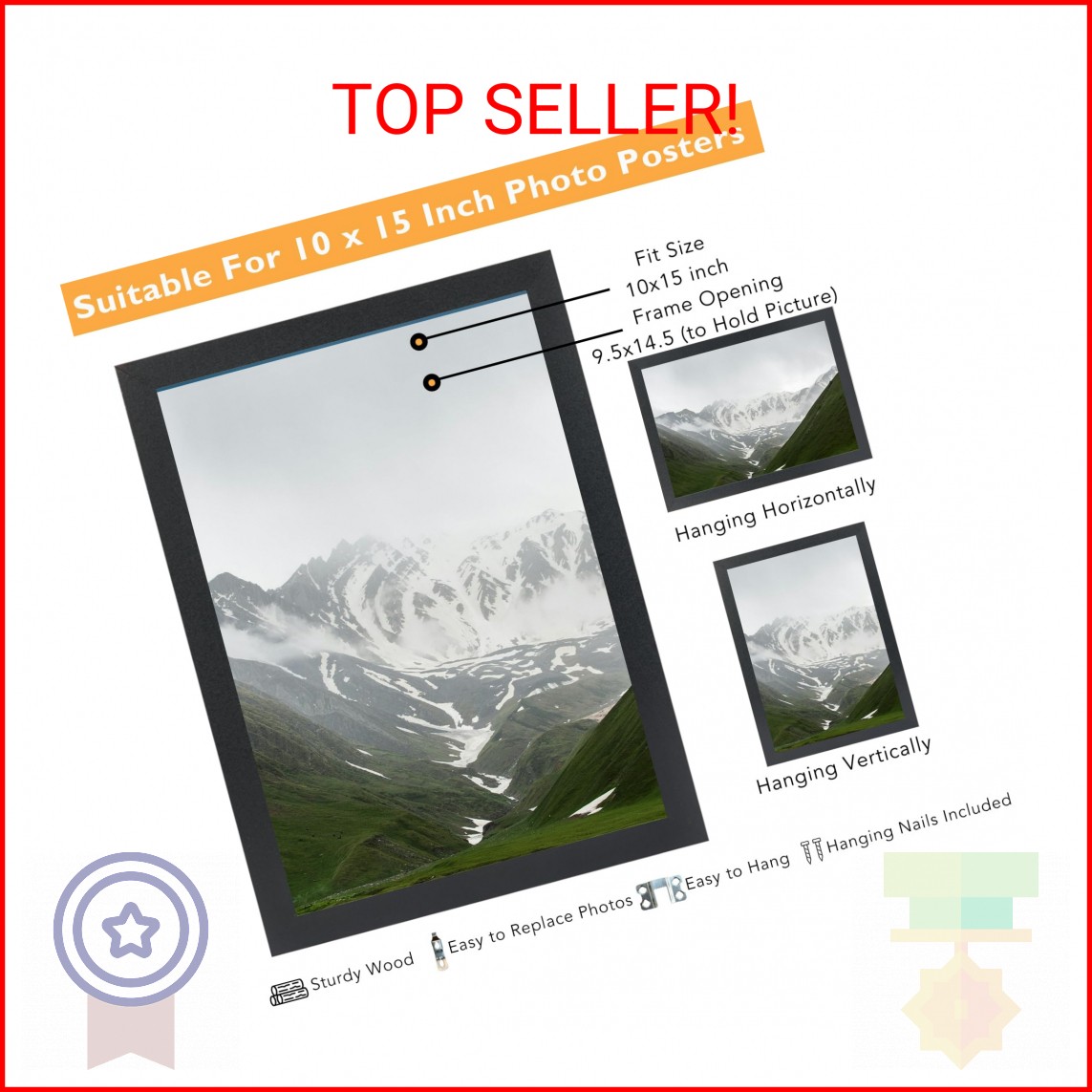 QOTIB 10x15 Picture Frame Black for Wall Mounting, Horizontal and Vertical Forma gallery