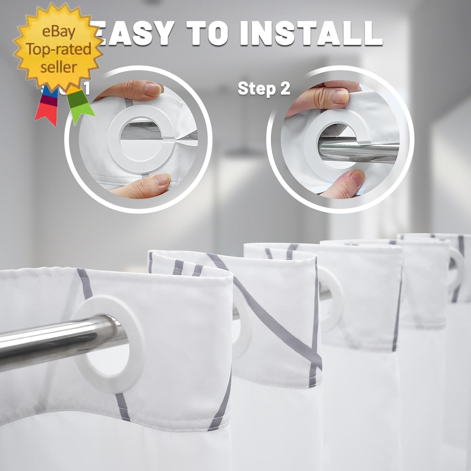 No Hook Grey White Striped Shower Curtain with Snap in Fabric Liner Set gallery