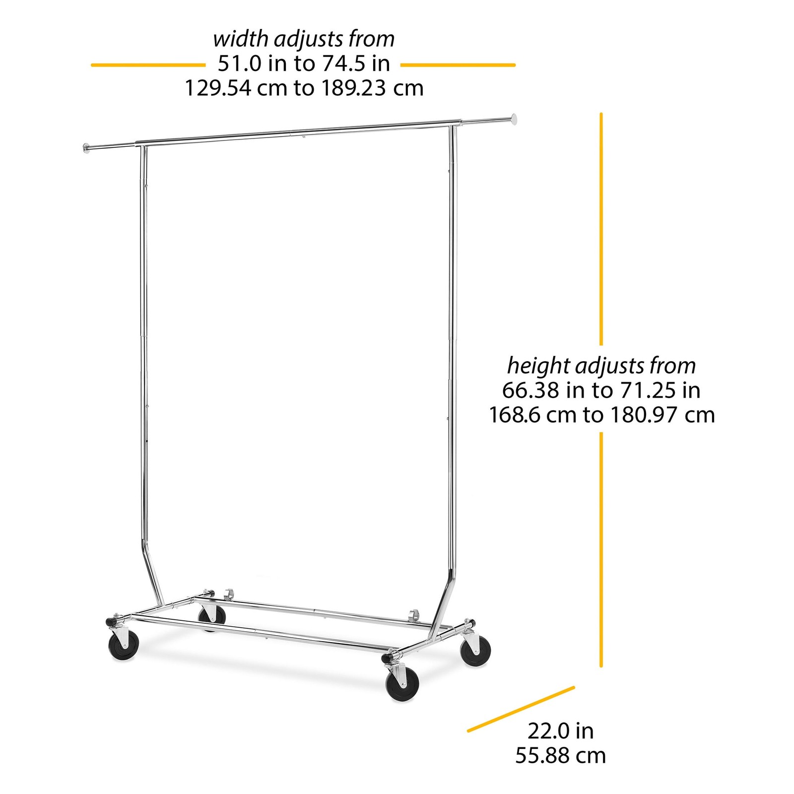 Whitmor Rolling Folding Garment Rack, Adjustable Width 51-74.5 in, Height 66-71 gallery