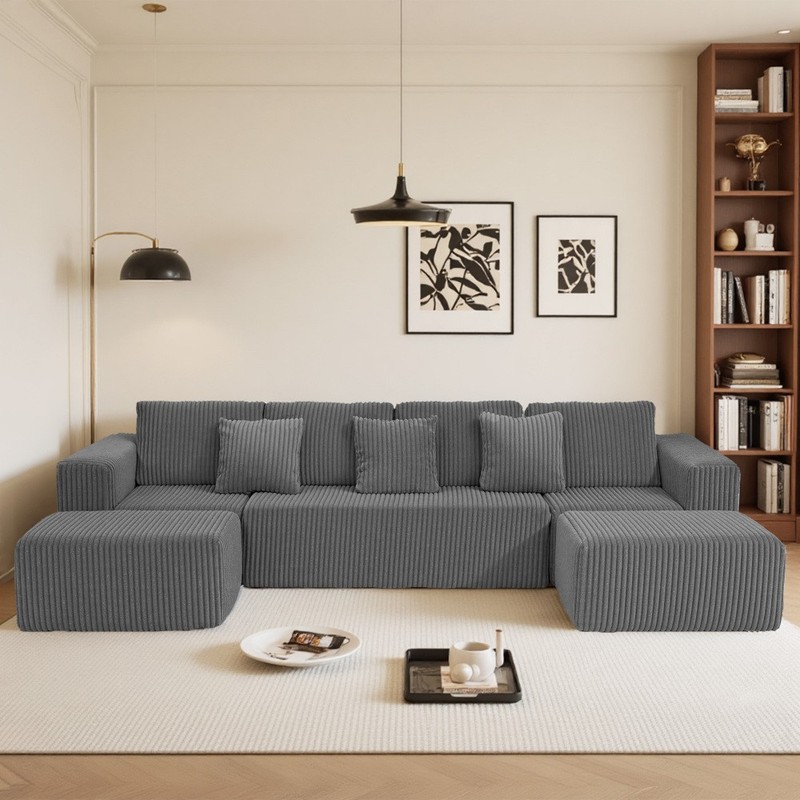 132" Modular U-Shaped Sectional, Gray Striped Corduroy, Reversible Chaise gallery