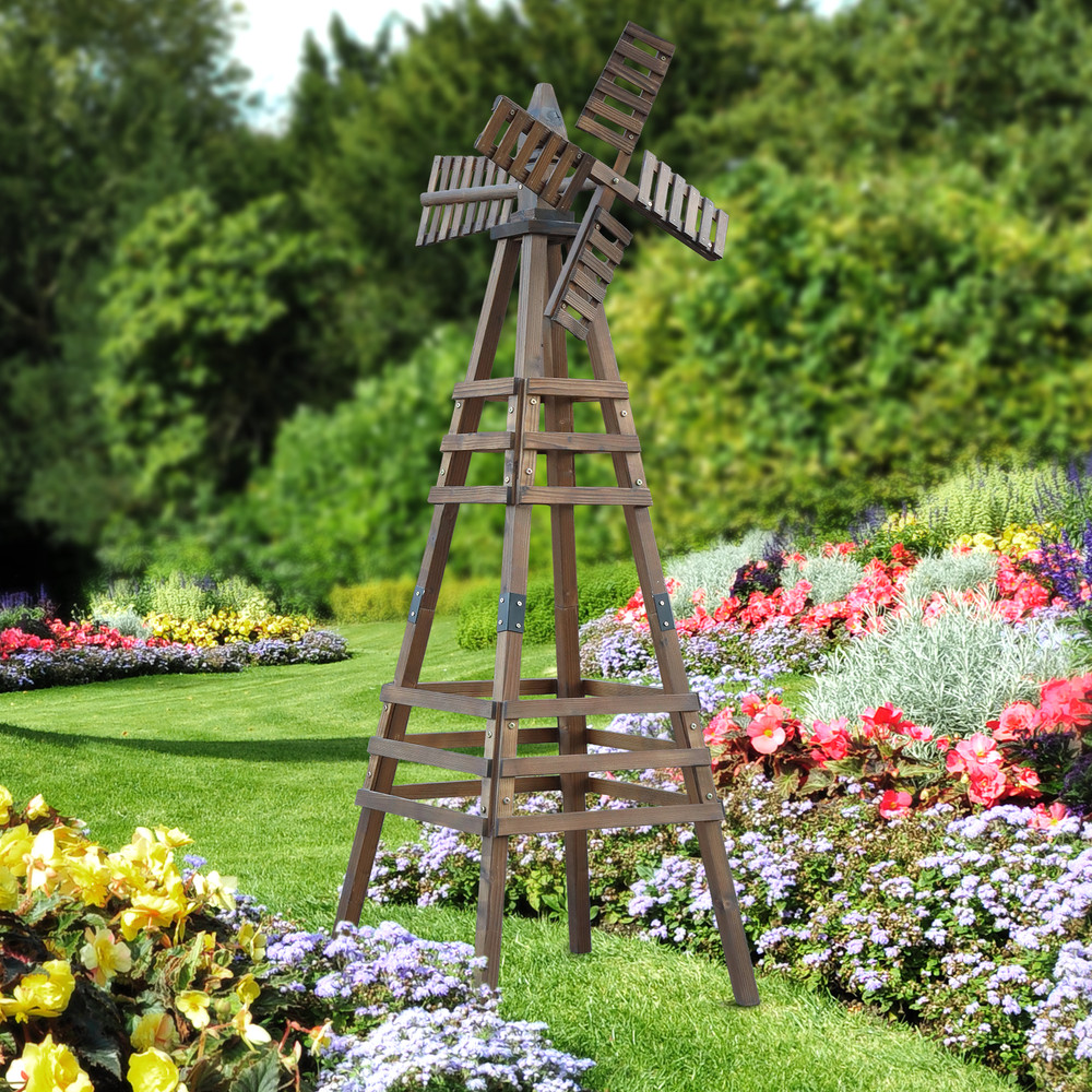 6FT Wooden Windmill Backyard Weathervane with Windmill Head, Garden Decoration
