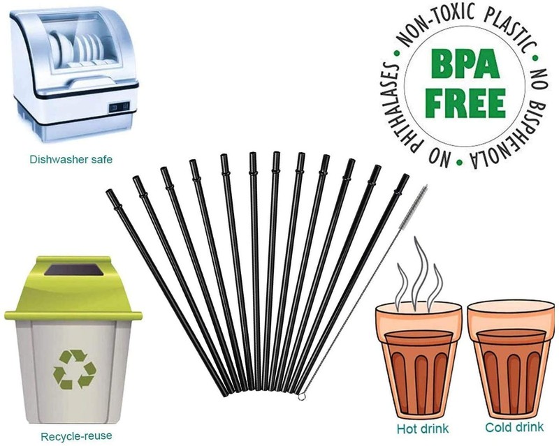 DAKOUFISH 13in Black Reusable Plastic Straws for 40 50oz Tumbler Mason Jar 12PCS gallery