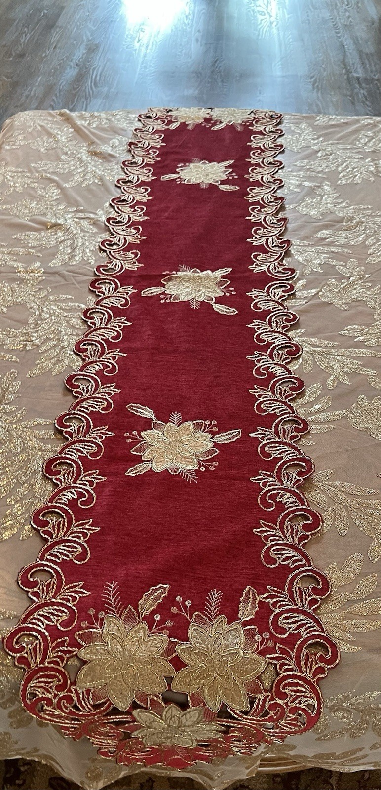 Red & Gold Embellished & Embroidered table runner 100% Polyester 73" x 14" gallery