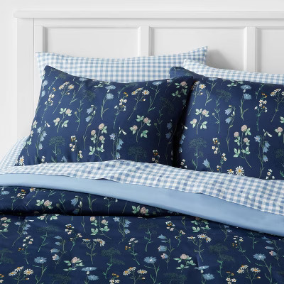 7pc King Floral Printed Microfiber Reversible Comforter & Sheets Set Navy - gallery