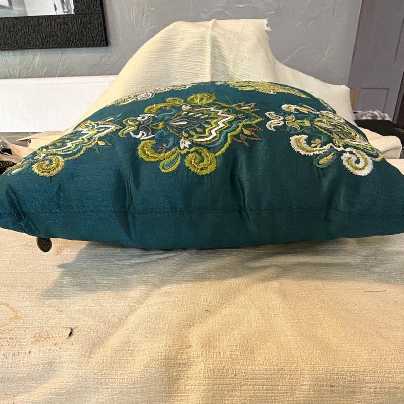Pier 1 Boho Square Throw Pillow Teal Green White Embroidered Damask gallery