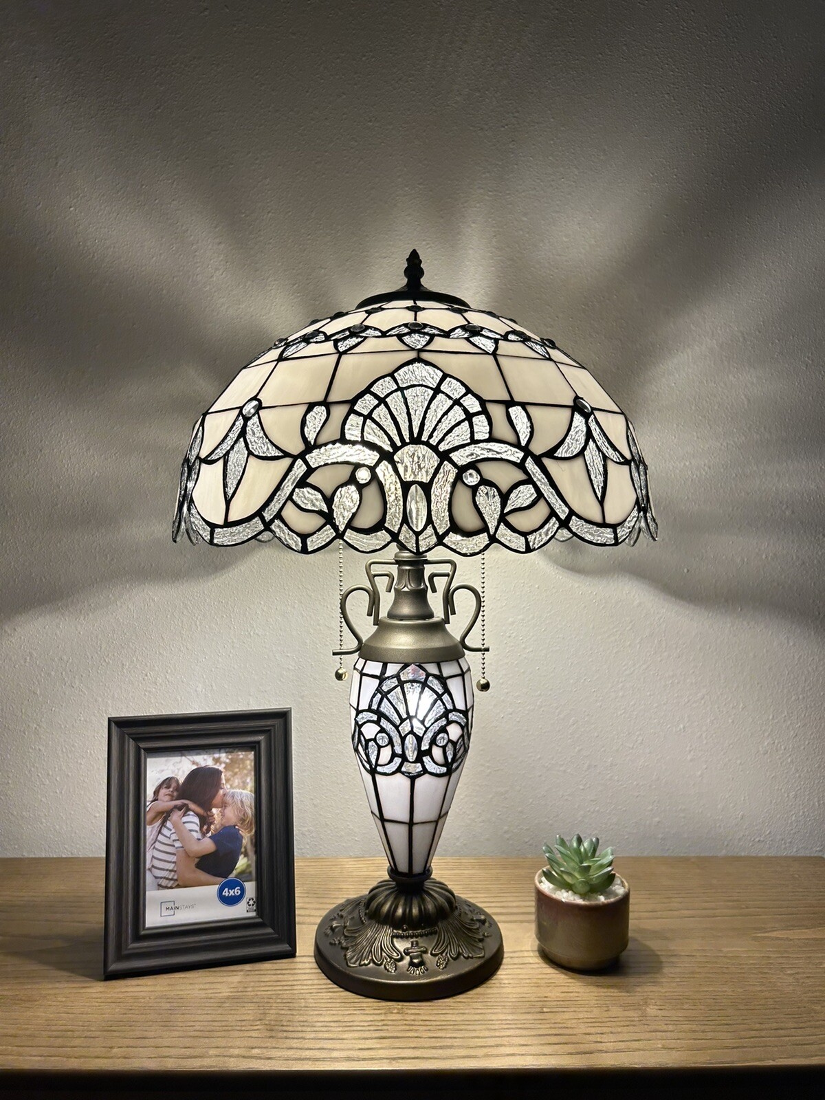 Tiffany Style Table Lamp White Stained Glass LED Bulb Include Baroque Style 24"H gallery