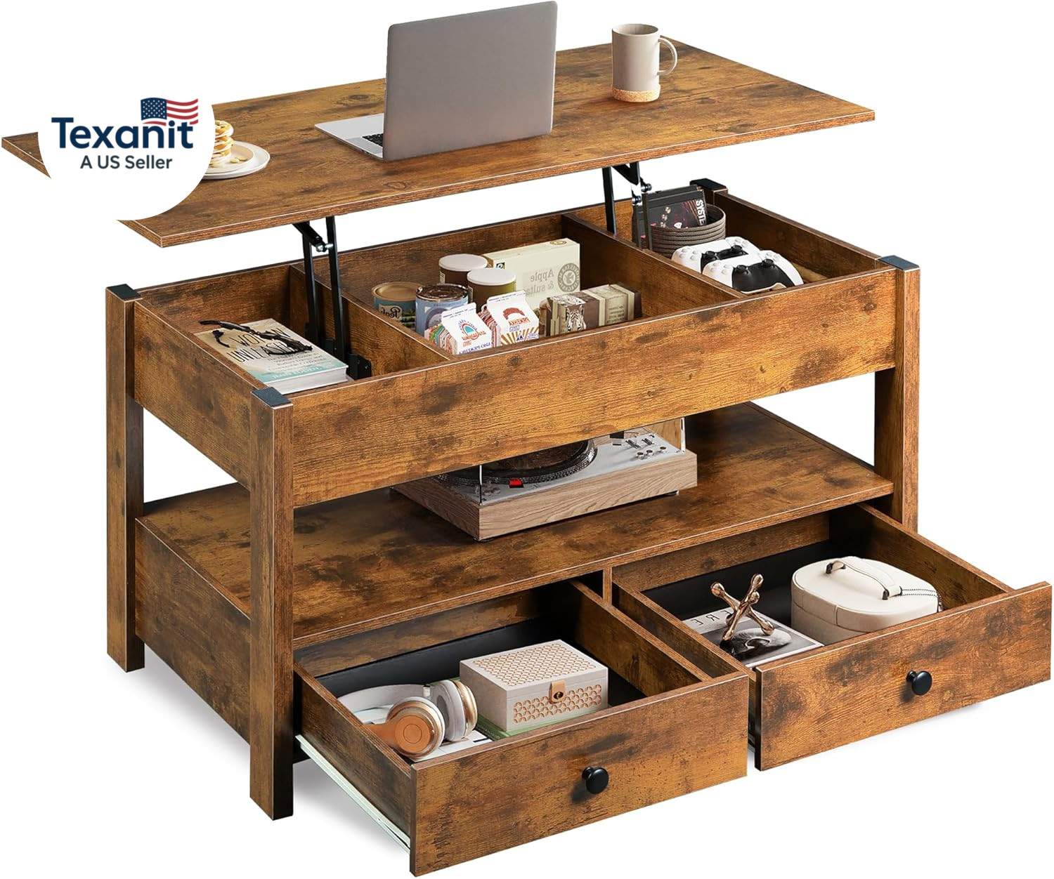 Coffee Table, Lift Top Coffee Table with 2 Drawers, Large Storage and Open Shelf gallery