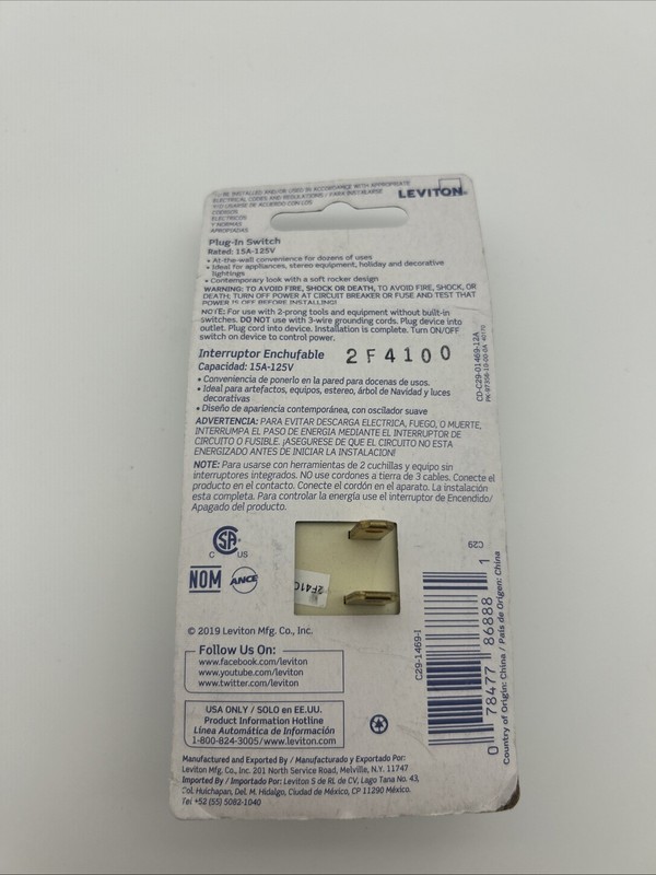 Leviton Plug-In Switch Tap Ivory 2-Pole 13A C29-01469-00I gallery