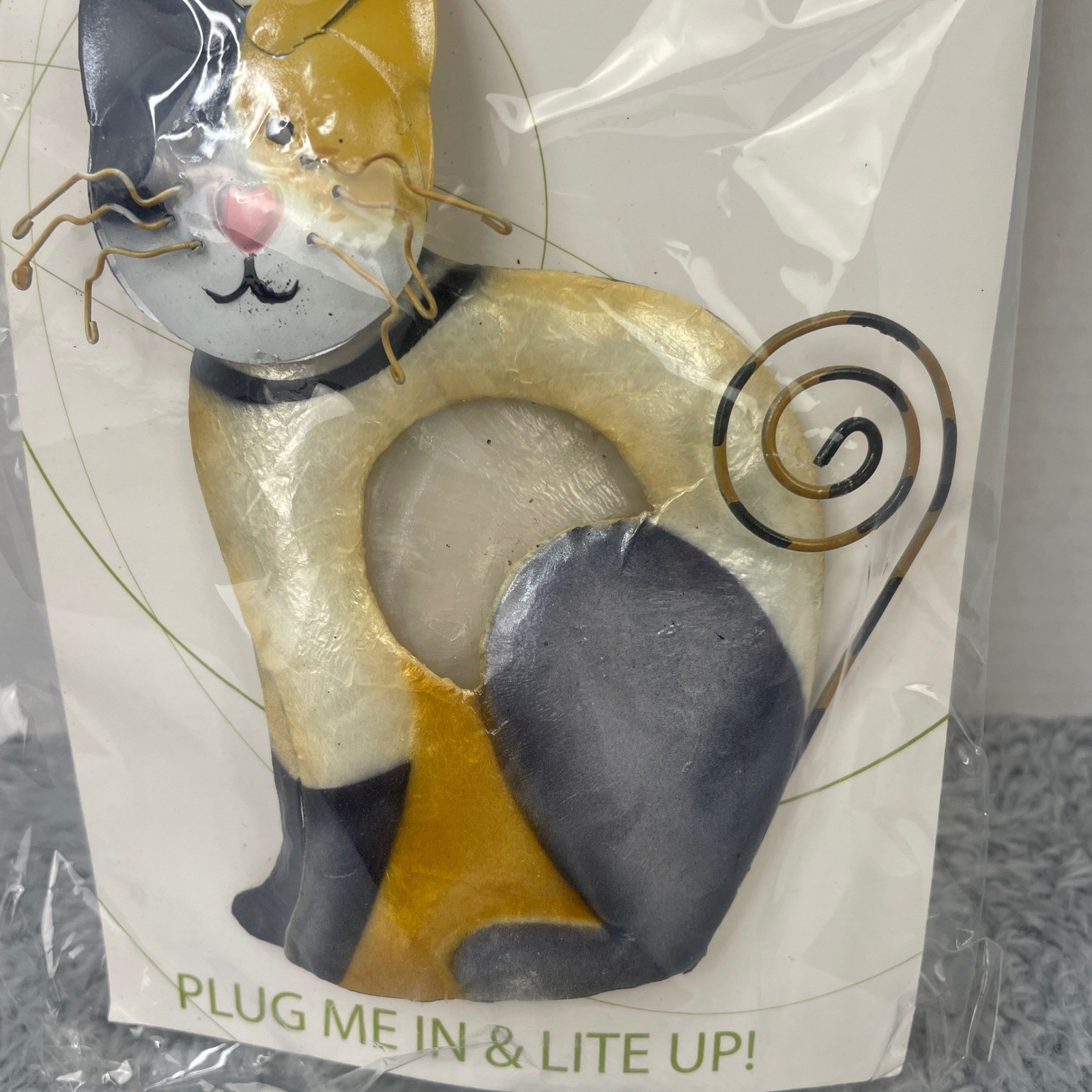 Metal Funky Cat Nightlight Yellow Calico Capiz Shell Plug Crazy Cat Kitty gallery