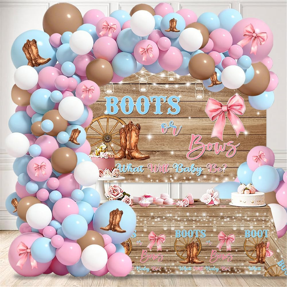 Gender Reveal Decorations Kit - 116Pcs Balloon Arch with Rustic Backdrop gallery