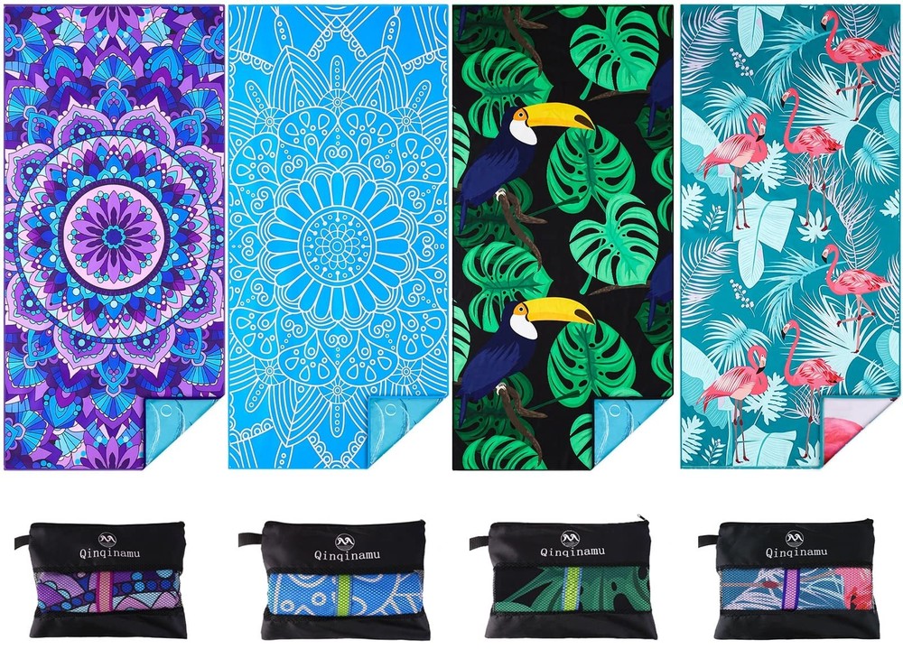 4 Pack Microfiber Thin Lightweight 71"x32", 4 Blue Mandala and Birds