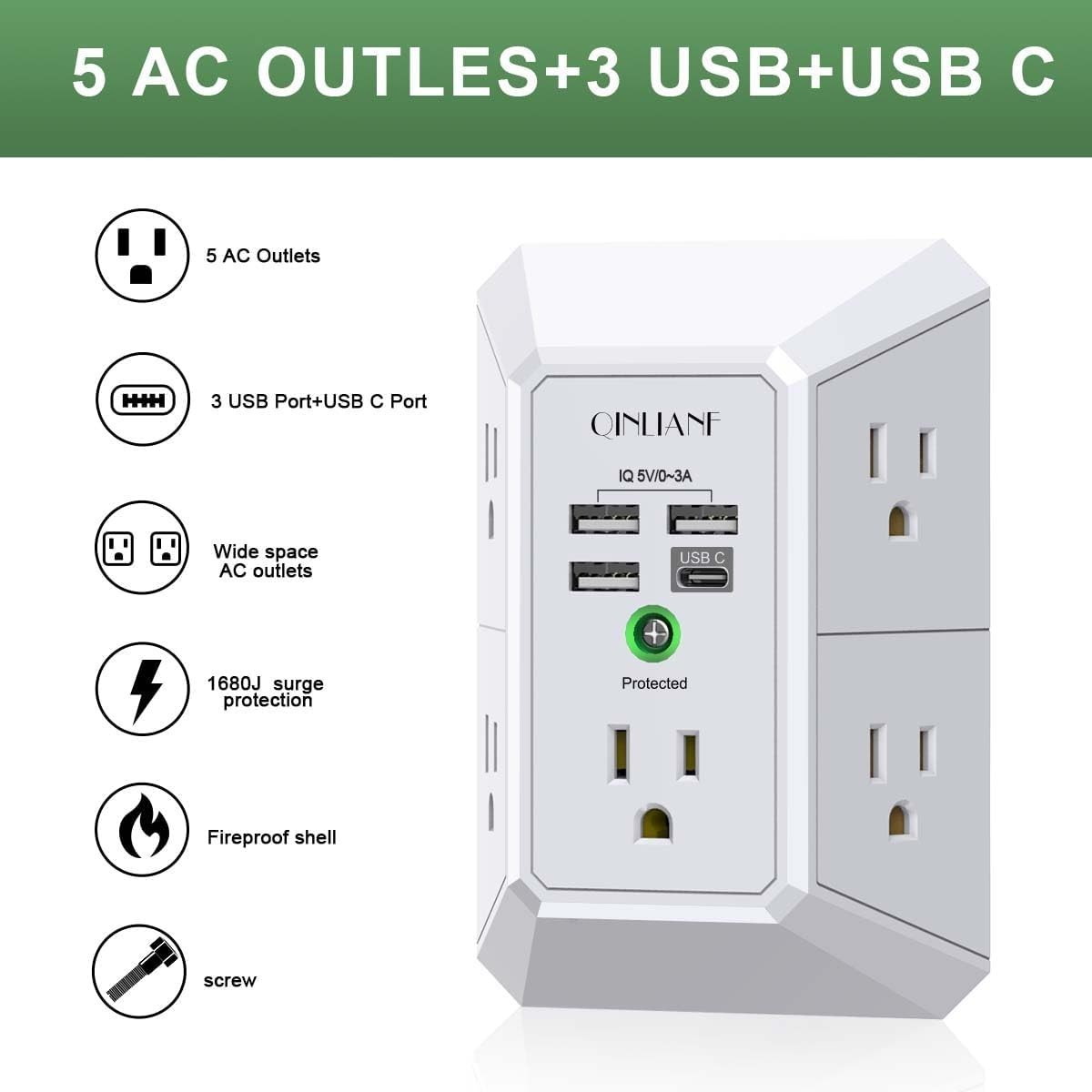 5 Outlet Extender Surge Protector Multi Plug Wall Adapter USB Charger Ports with gallery
