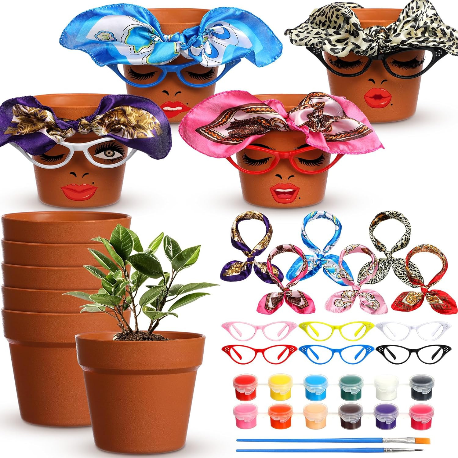6 Set Cute Face Flower Pot Head Planter Funny Plant Pots Painting Kit Include Gl gallery