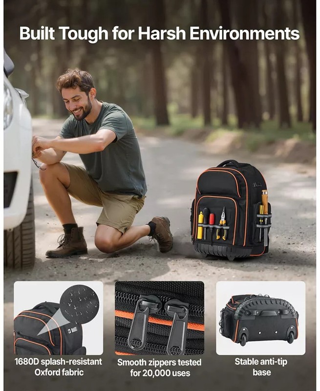 Rolling Tool Backpack on Wheels, 110 Lb Capacity, 45 Pockets, Heavy-Duty Tool Or gallery