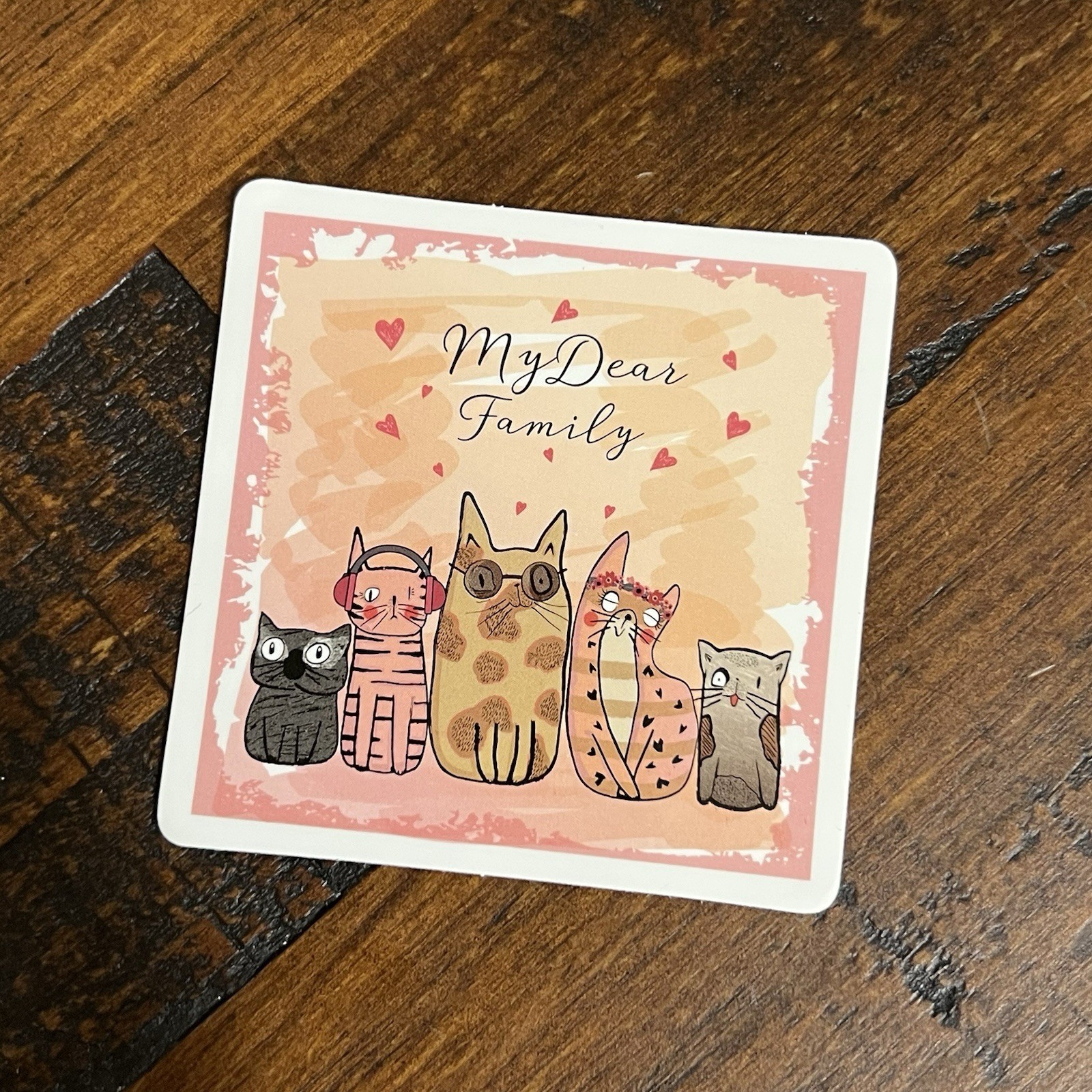 My Dear Family Square Cats Sticker - Hearts Pink Brown Gray Cats Kittens 2.5” gallery