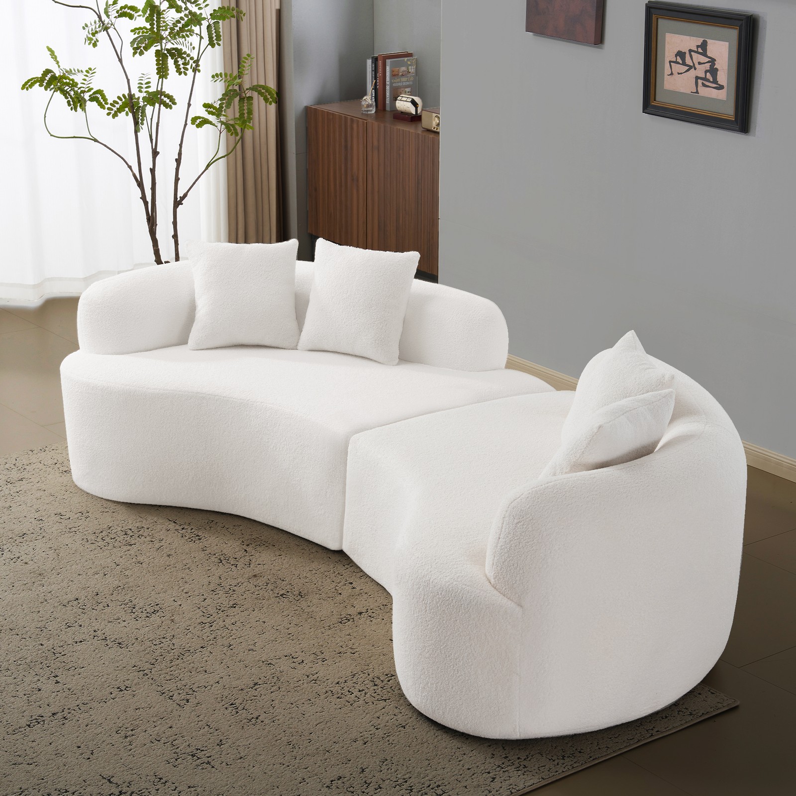 Curved Four Seater White Full Compression Sponge Sofa, Teddy Velvet Fabric, No-A gallery