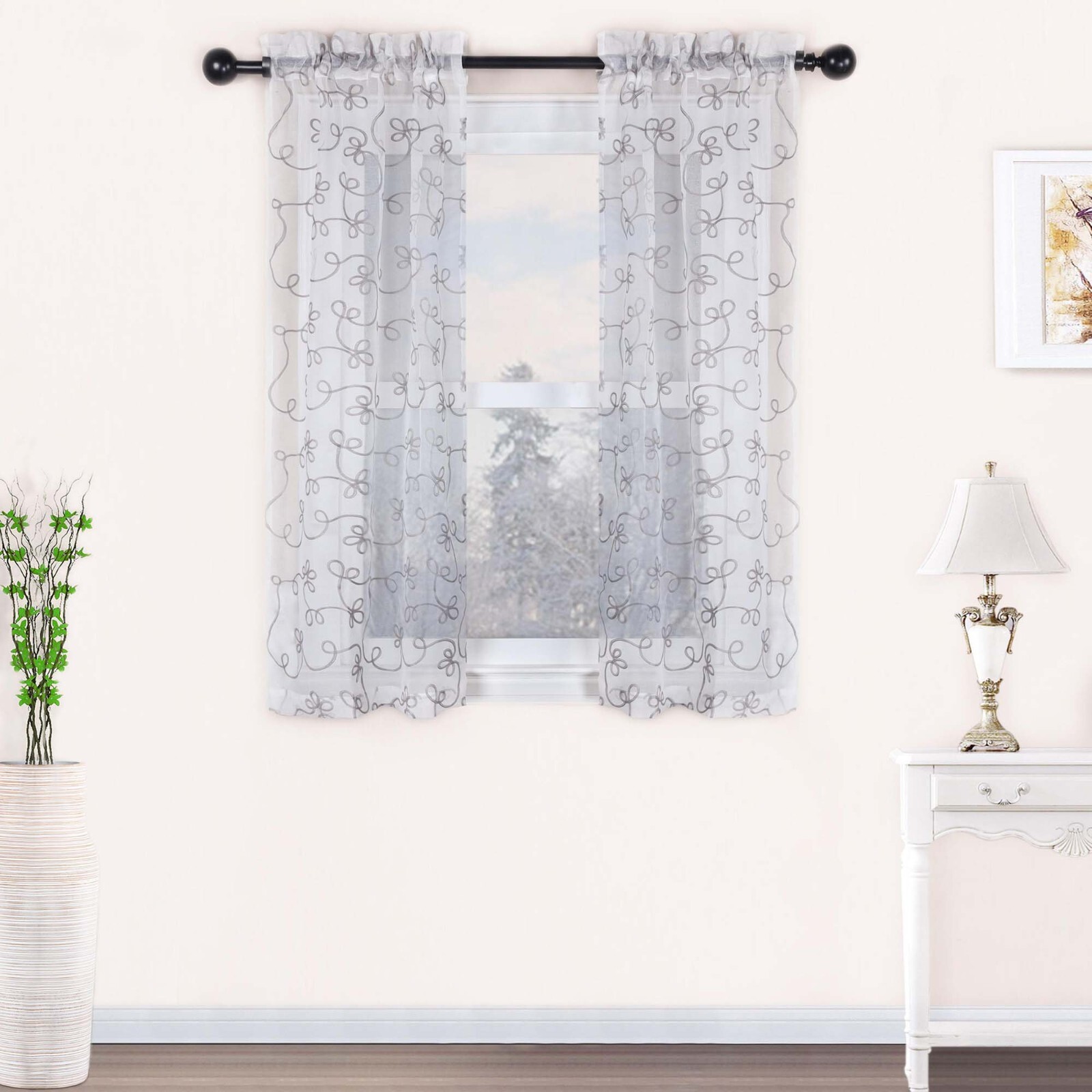 Embroidered Abstract Sheer Grommet Traditional Shrink Resistant Indoor Curtain gallery