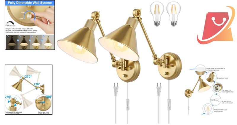 Adjustable Swing Arm Wall Light Sconce Set - Dimmable with Brushed Brass Finish gallery