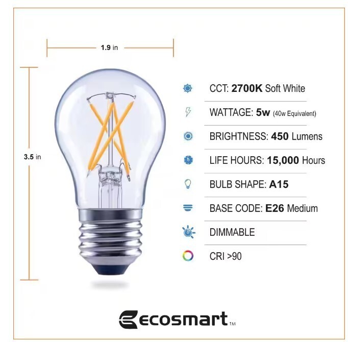ECOSMART LED 40W SOFT WHITE A15 DIMMABLE LIGHTBULB FG-04056 - 6-PACK gallery