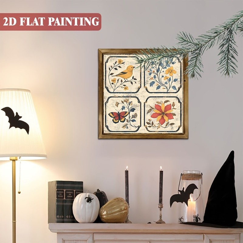 Simple Quad Grid Floral Bird Whitewashed Wooden Plaque Modern Tabletop Gift gallery