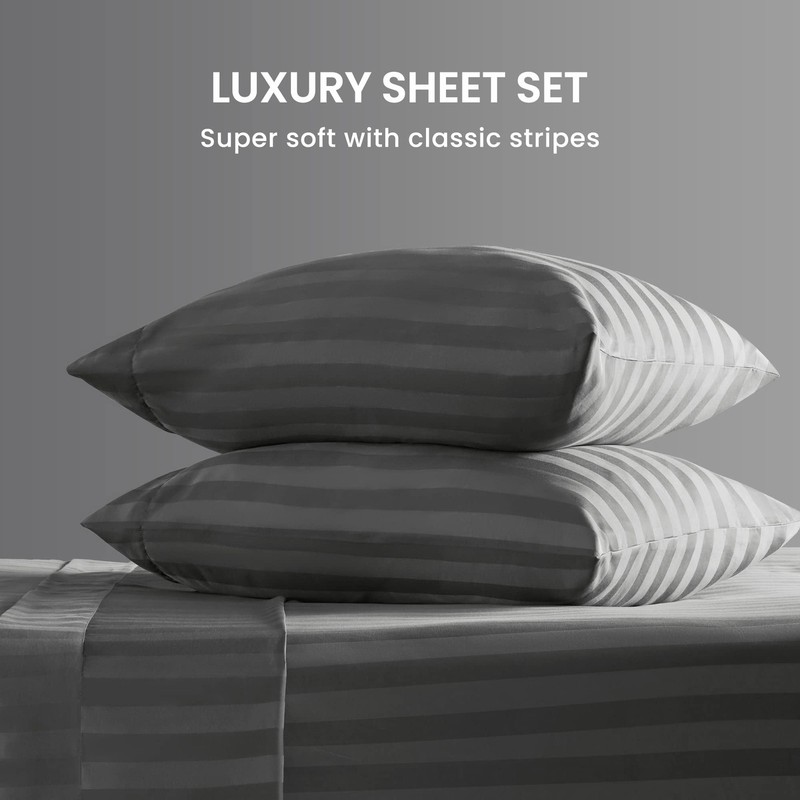 SLEEP ZONE Striped Cooling Queen Sheets Set - Fitted Flat Sheet & Pillowcase Set gallery