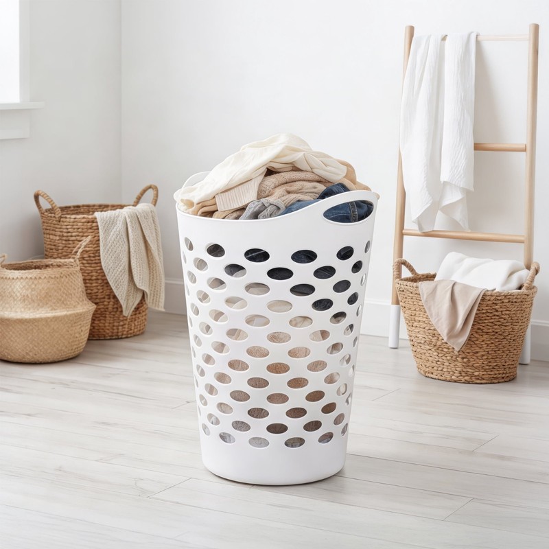 (2 pack) Mainstays Plastic Round Laundry Hamper, White, with Carrying Handles gallery