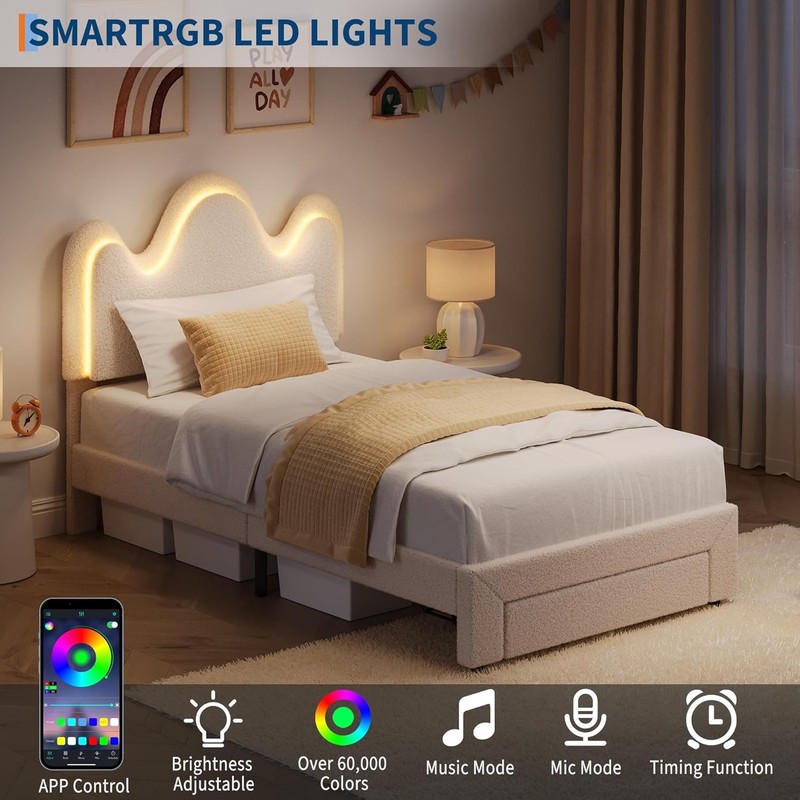 Full/Twin Size Bed Frame with Storage Drawer and LED Headboard for Kids/Girls gallery