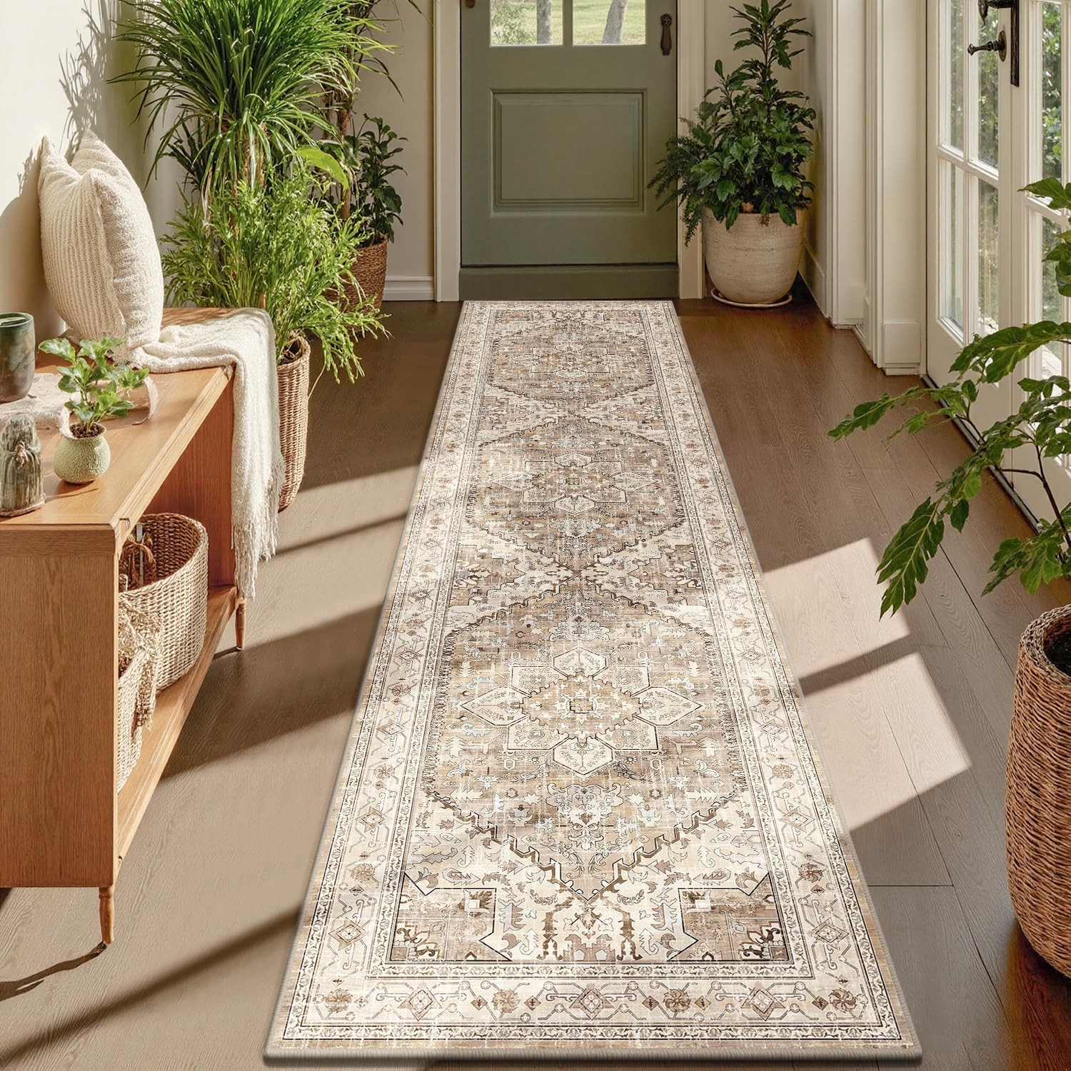 Yamaziot Washable Runner Rug, 2x8 Non-Slip Boho Vintage 2' x 8', Beige Brown gallery