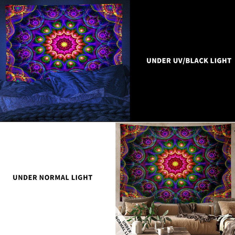 UV Reactive Mandala Tapestry Blacklight Trippy Boho Wall Decor 60x50 Inch gallery