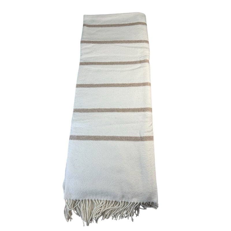 NEW Sackcloth & Ashes Blanket Throw White Beige Stripes Fringed Italian 70”x55” gallery