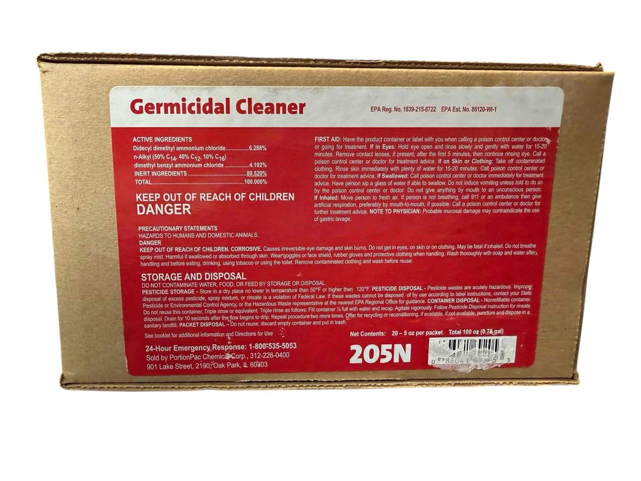 NEW PortionPac Germicidal Cleaner 205N (20) 5oz Packets Makes 100 Gallons gallery
