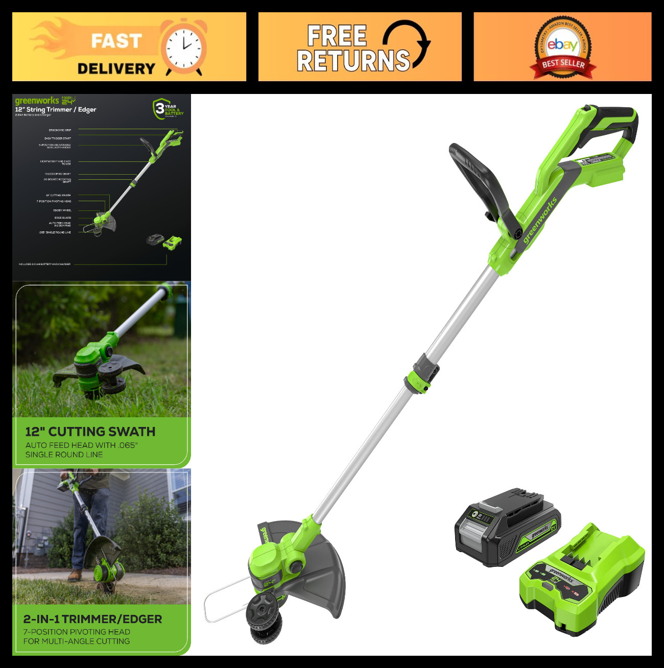 24V Cordless String Trimmer/Edger, 12" Cutting Width, Ultra-Light 6 lbs, Battery gallery