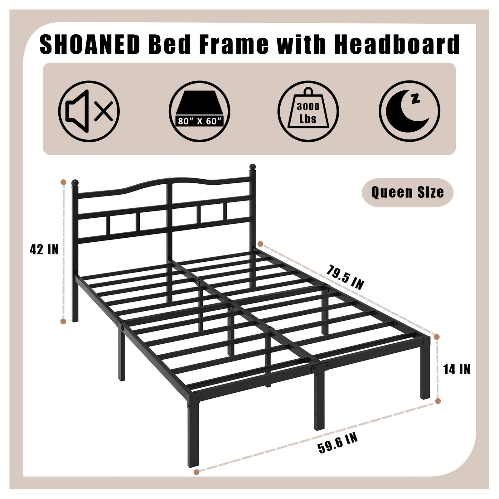 Queen 14 Inch Metal Bed Frame with Headboard, Steel Slats, No Box Spring gallery