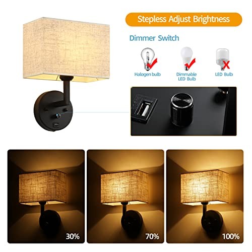 Plug in Wall Sconce with Dimmer Switch and USB Port，9.5“Rectangular Linen Black gallery