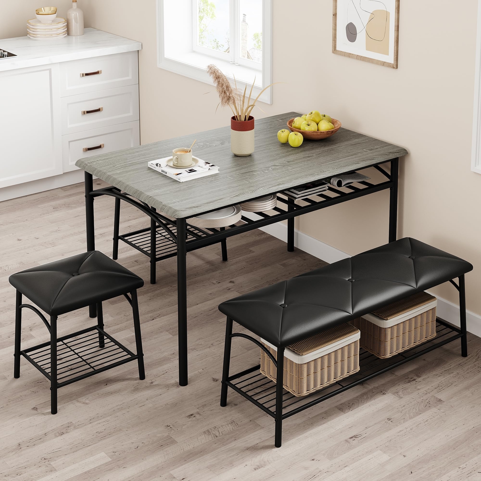 Dining Table Set for 4 Kitchen Table with Upholstered Benches and Stools Storage gallery