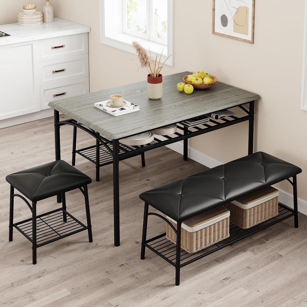 Dining Table Set for 4 Kitchen Table with Upholstered Benches and Stools Storage