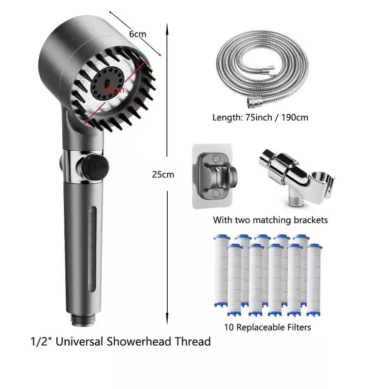 1-Piece 3-Spray Modes Filtered Handheld Shower Head with 75 In. Stainless Hose, gallery