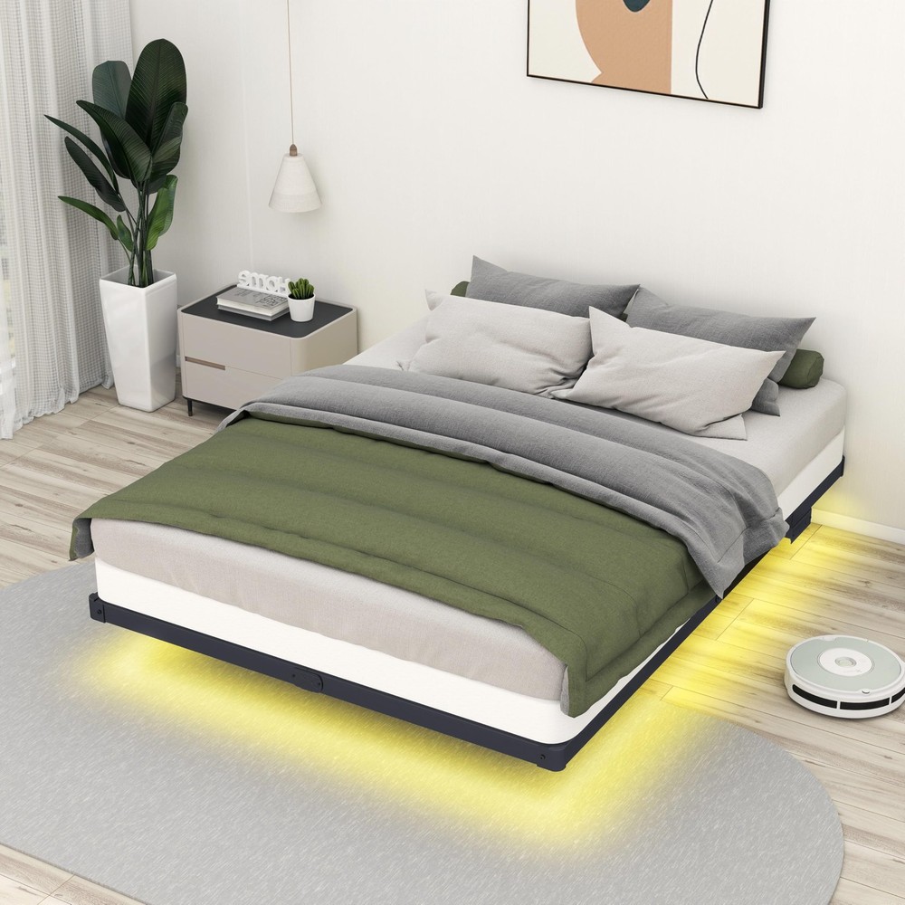 Floating Bed Frame Queen with Smart LED Lights and Charging Station 8 Inch Me...