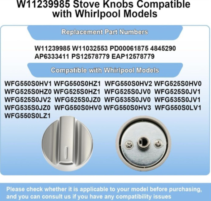 5 Pcs W11239985 Gas Stove Knobs Replacements Compatible with Whirlpool WFG525S0 gallery
