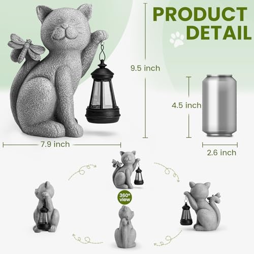 Solar Garden Outdoor Statues Cat with Solar Lantern,Outdoor Cat Grey Cat gallery