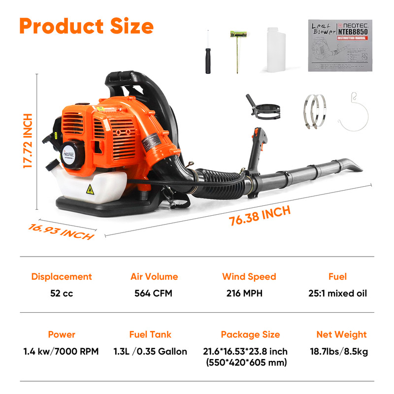 Backpack Leaf Blower Gas Powered Snow Blower 564 CFM 216 MPH 52cc 2-Stroke gallery