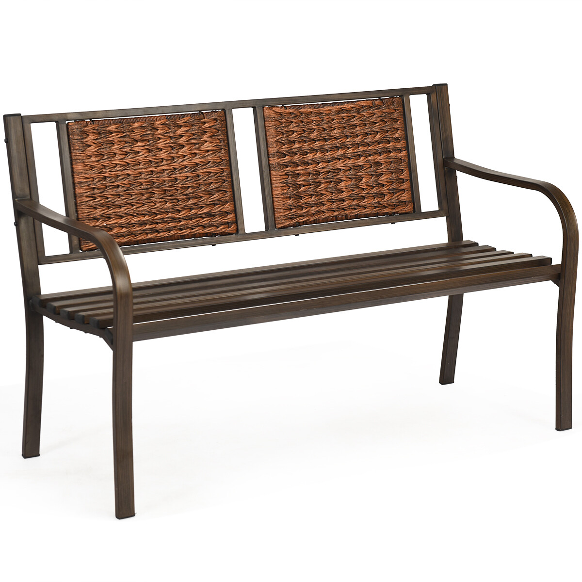 Patio Garden Bench Steel Frame Rattan Backrest Park Yard Outdoor Porch Furniture gallery
