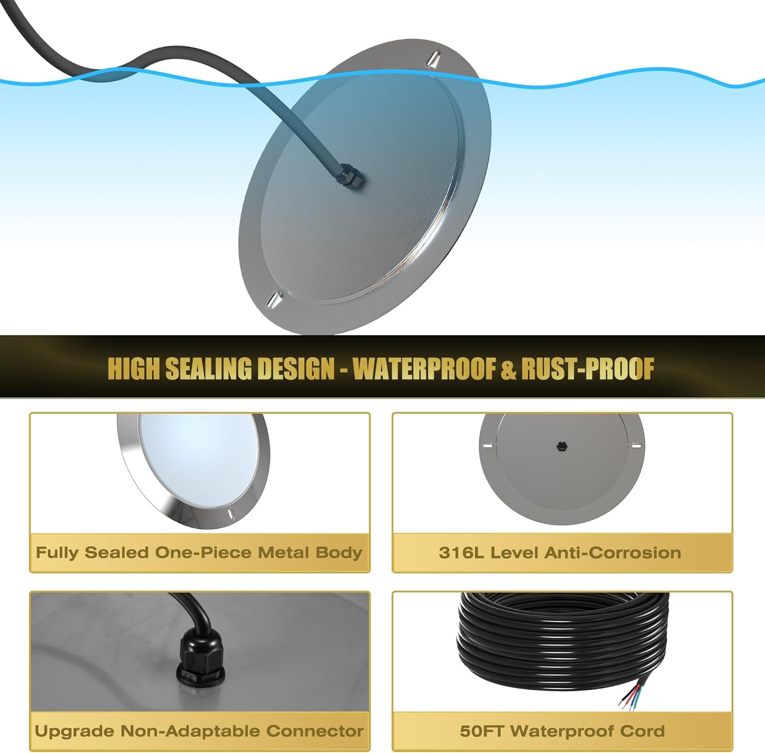 Goldlife P12 LED Pool Light 11in 12000LM 50FT Cord RGB gallery