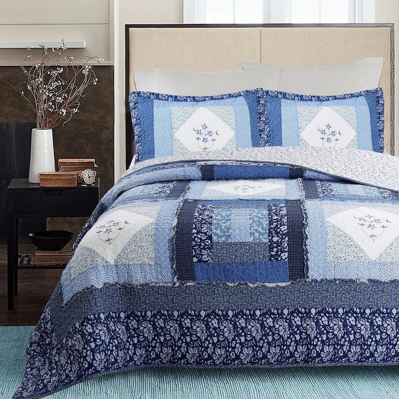 REAL PATCHWORK SHABBY CHIC COZY COTTAGE BLUE NAVY TEAL WHITE RUFFLE QUILT SET gallery