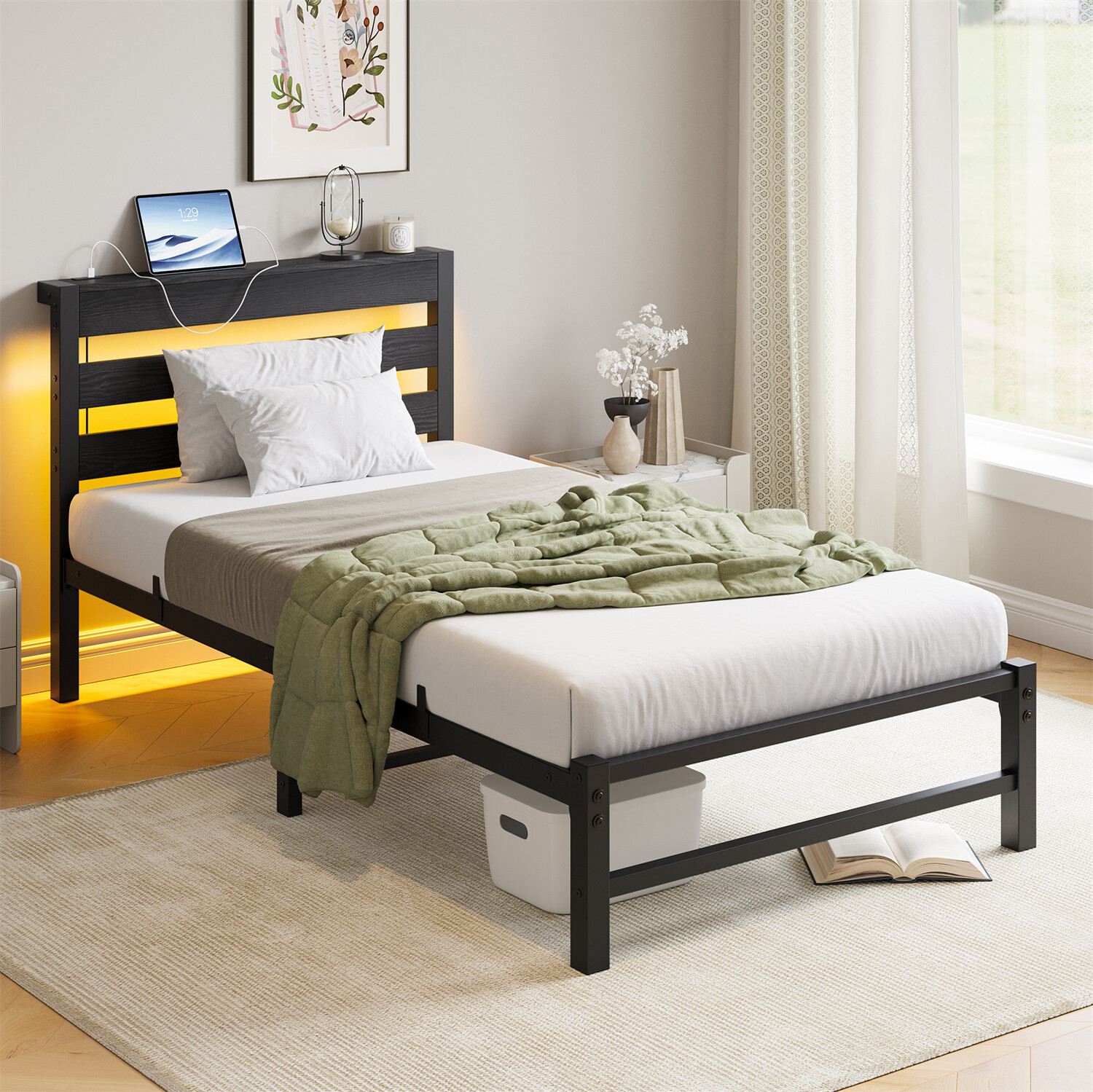 Twin/Full/Queen Size LED Bed Frame Metal Platform Bed with Headboard & USB Port gallery