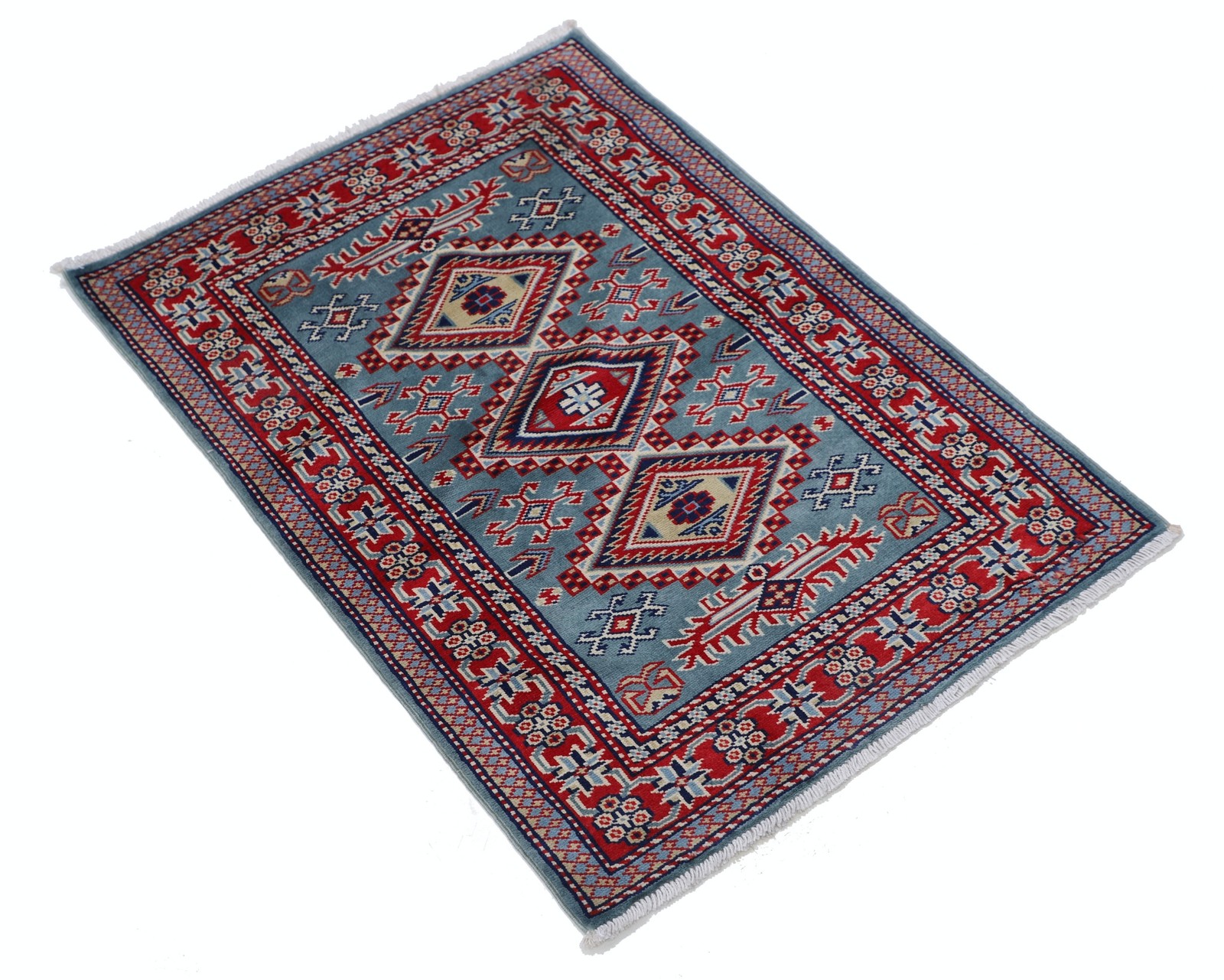 2x3 ft Handmade Blue, Red, Ivory Wool Accent Rug with Geometric Medallion Design gallery