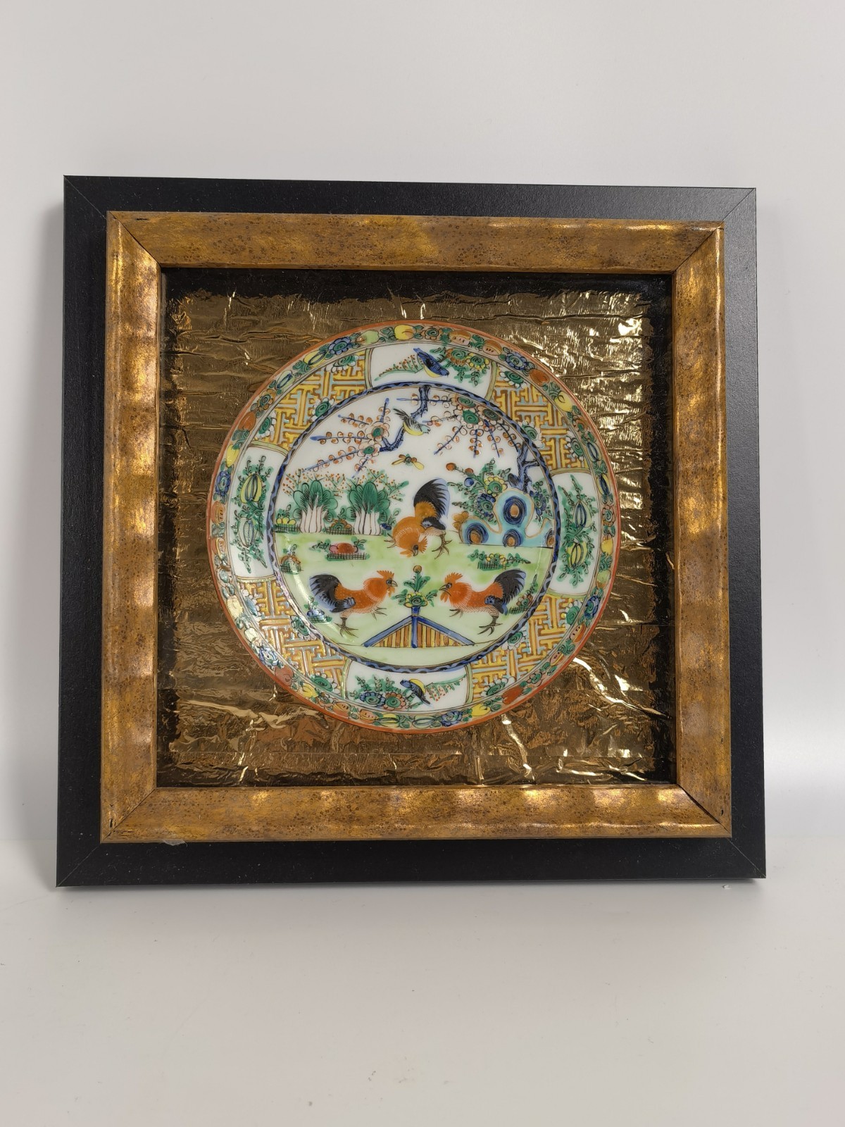 Framed Chinese Canton Porcelain Rooster Plate,Wall Art Chinoiserie Decor, gallery