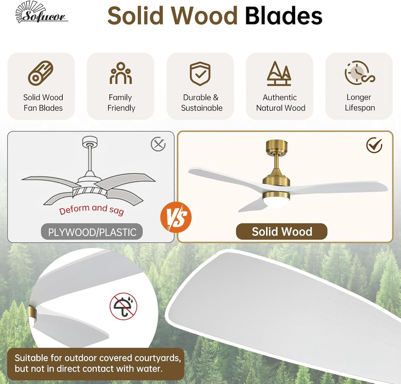 Sofucor 52" Smart Wood Ceiling Fans Lights, Flush Mount & Downrod Mount, 3 Wood gallery