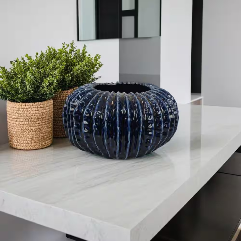 Harry Blue Indoor Ceramic Textured Design round Planter (13 In. W X 7 In. H) gallery