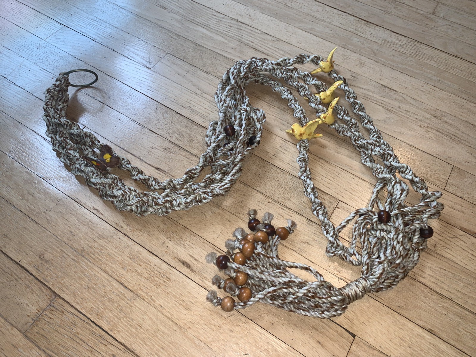 Vintage Brown Macrame Plant Hanger Ceramic Birds Butterfly Boho Retro 70s 64" gallery